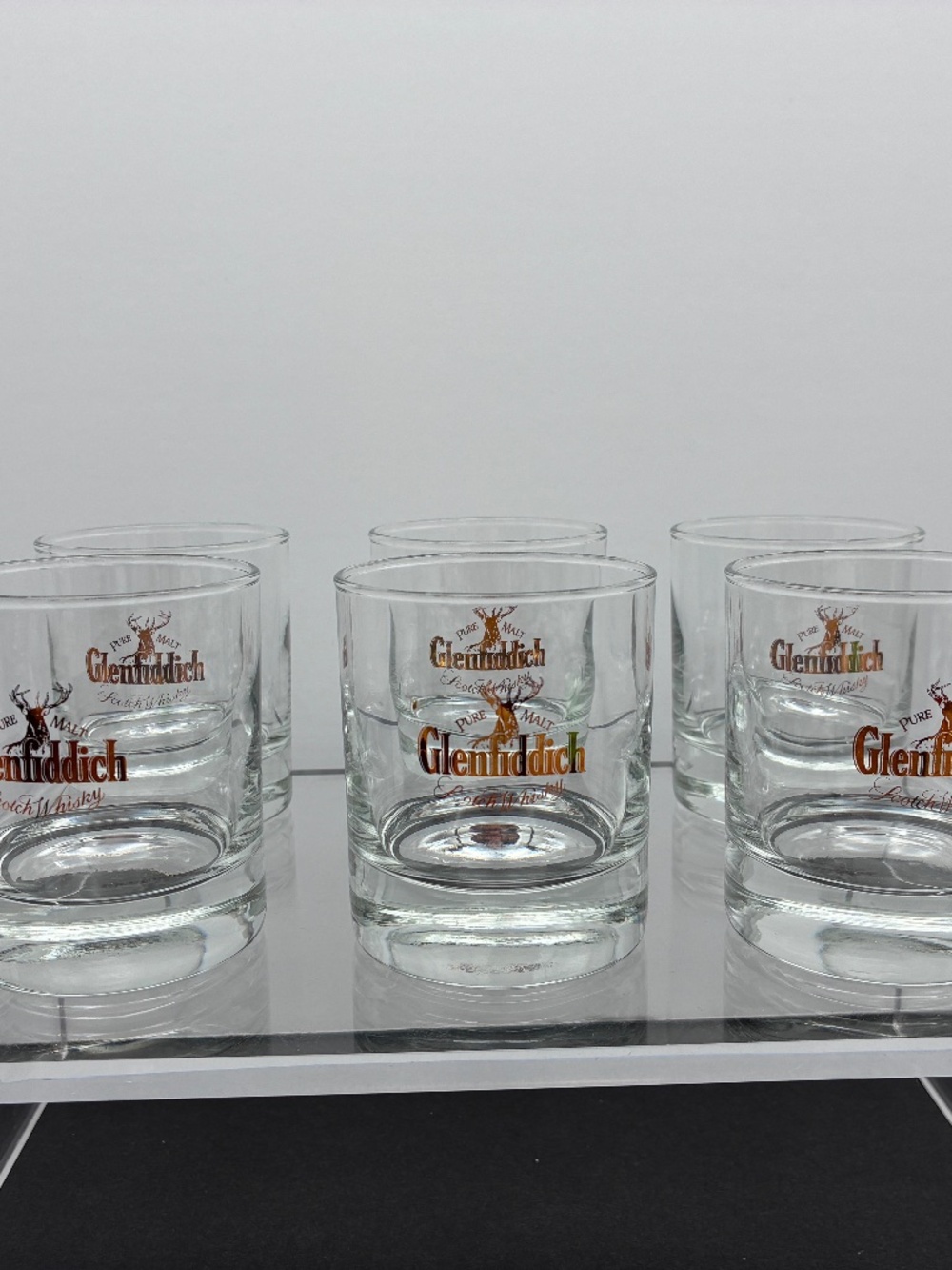 Vintage Glenfiddich Scotch Whiskey Glasses w/Gold Logos - Set of 6 in Box
